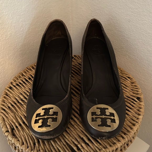 Tory Burch Shoes - Tory Burch brown leather wedges with gold emblem. Size 9.5